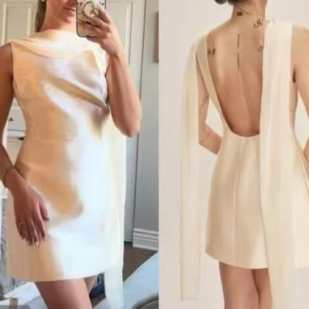 NWOT Reformation Ecru Satin Mini Dress with Drape Scarf - Picture 5 of 13